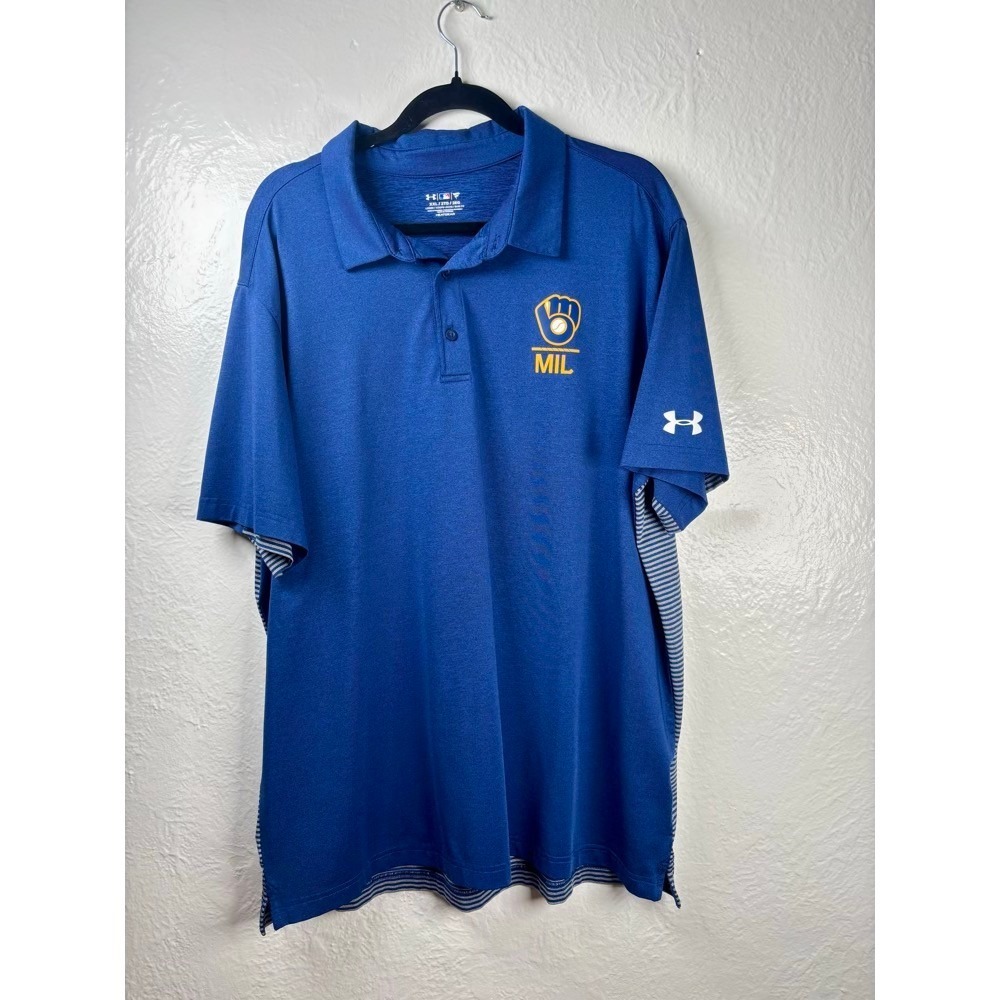 Under Armour Polo Milwaukee Brewers Mens XXL HeatGear MLB Striped Baseball Sport